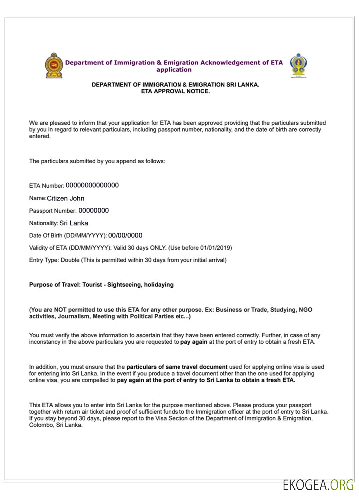 Visa électronique pour le SRI LANKA